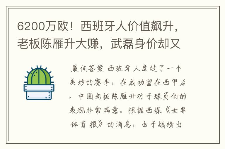 6200万欧!西班牙人价值飙升,老板陈雁升大赚,武磊身价却又缩水