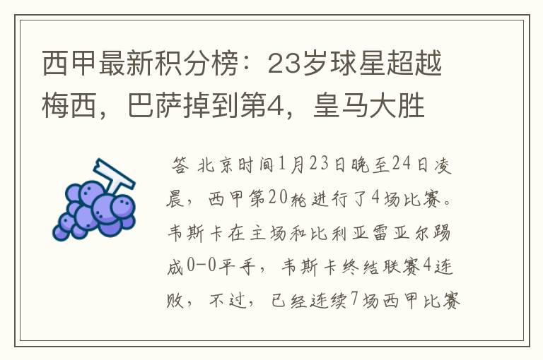 西甲最新积分榜:23岁球星超越梅西,巴萨掉到第4,皇马大胜