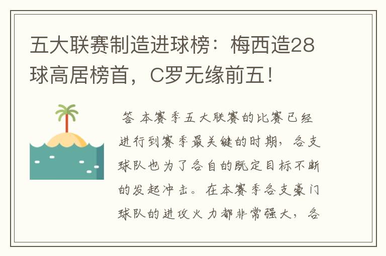 五大联赛制造进球榜:梅西造28球高居榜首,C罗无缘前五!