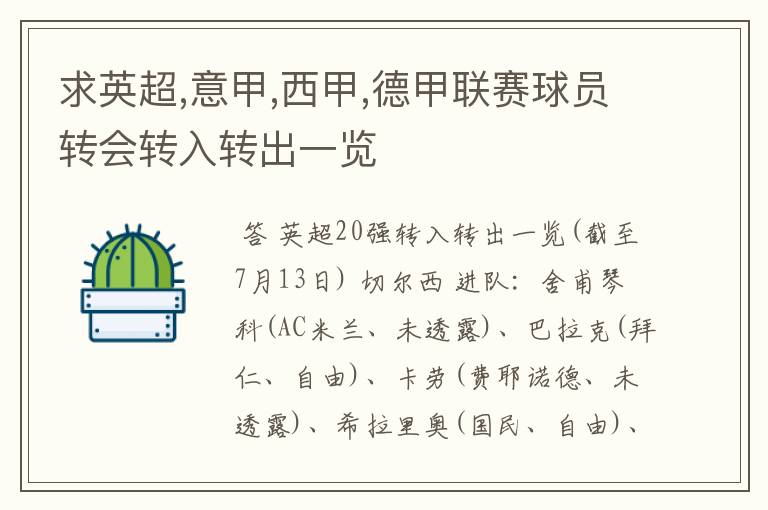 求英超,意甲,西甲,德甲联赛球员转会转入转出一览