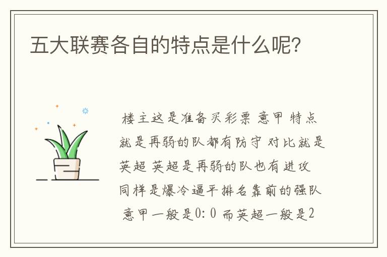 五大联赛各自的特点是什么呢?
