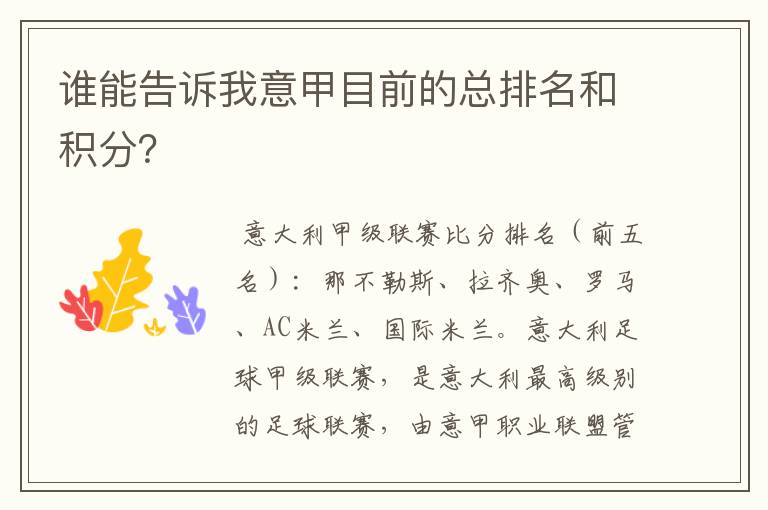 谁能告诉我意甲目前的总排名和积分?