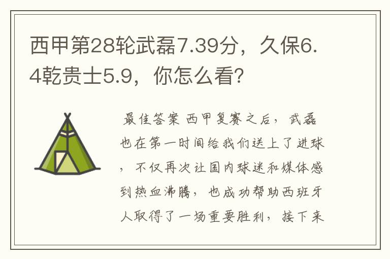 西甲第28轮武磊7.39分,久保6.4乾贵士5.9,你怎么看?