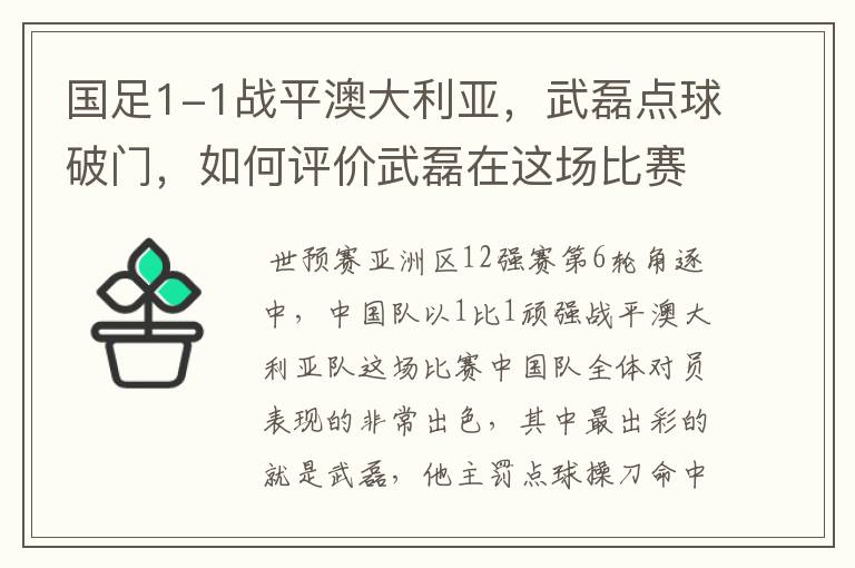 国足1-1战平澳大利亚,武磊点球破门,如何评价武磊在这场比赛中的表现?