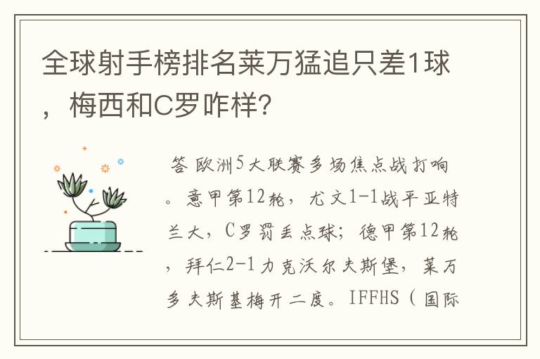 全球射手榜排名莱万猛追只差1球,梅西和C罗咋样?