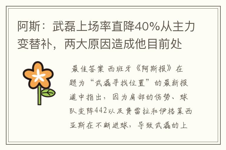 阿斯:武磊上场率直降40%从主力变替补,两大原因造成他目前处境