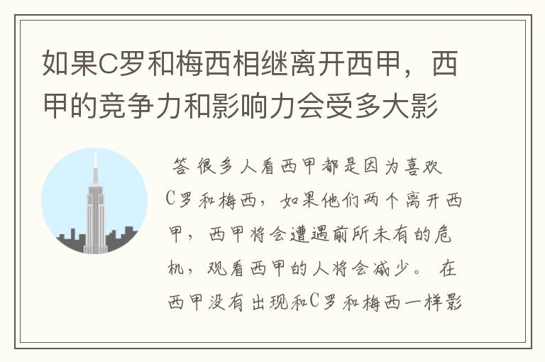 如果C罗和梅西相继离开西甲,西甲的竞争力和影响力会受多大影响?