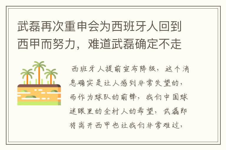 武磊再次重申会为西班牙人回到西甲而努力,难道武磊确定不走了?