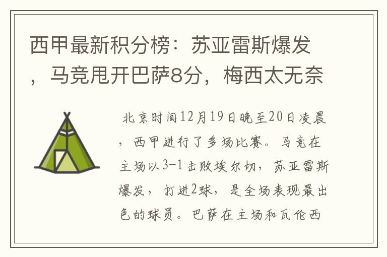 西甲最新积分榜:苏亚雷斯爆发,马竞甩开巴萨8分,梅西太无奈