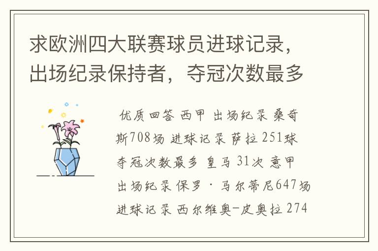 求欧洲四大联赛球员进球记录,出场纪录保持者,夺冠次数最多的球队。