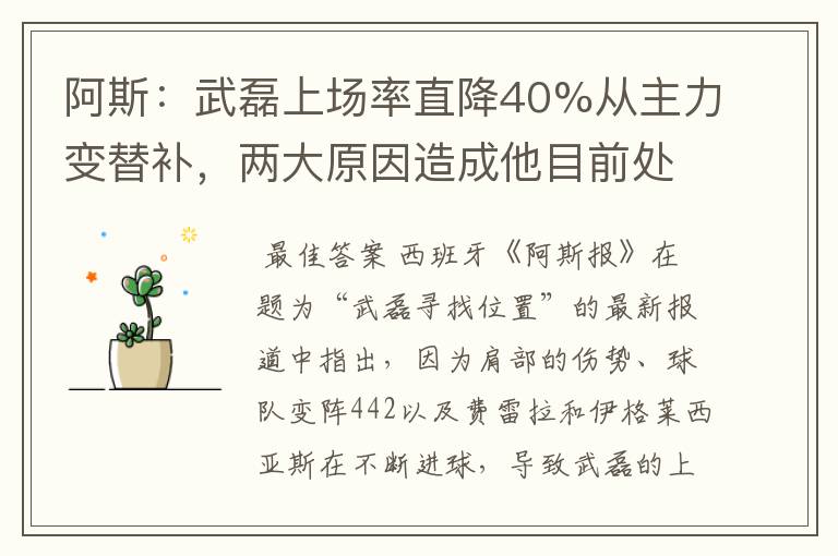 阿斯:武磊上场率直降40%从主力变替补,两大原因造成他目前处境