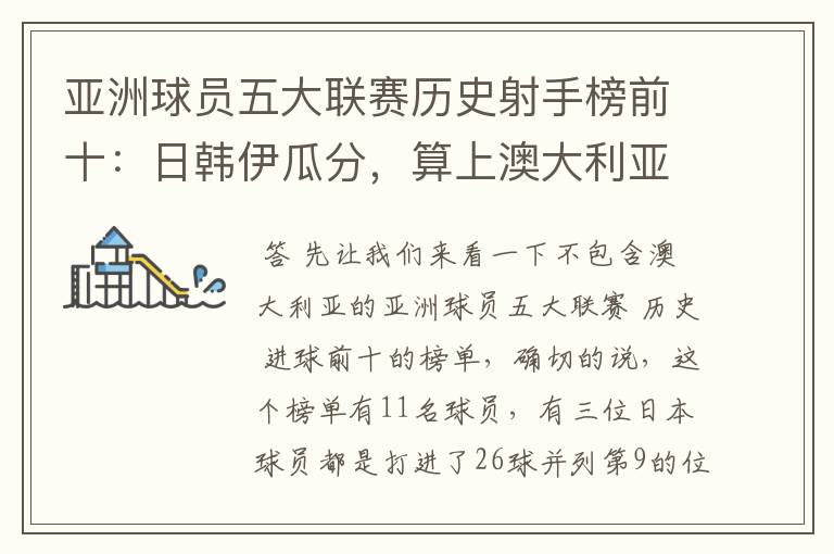 亚洲球员五大联赛历史射手榜前十:日韩伊瓜分,算上澳大利亚呢?