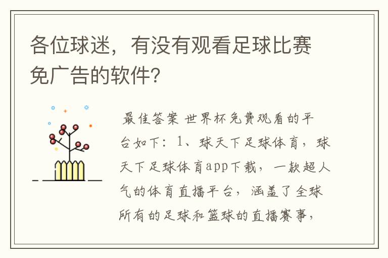各位球迷,有没有观看足球比赛免广告的软件?