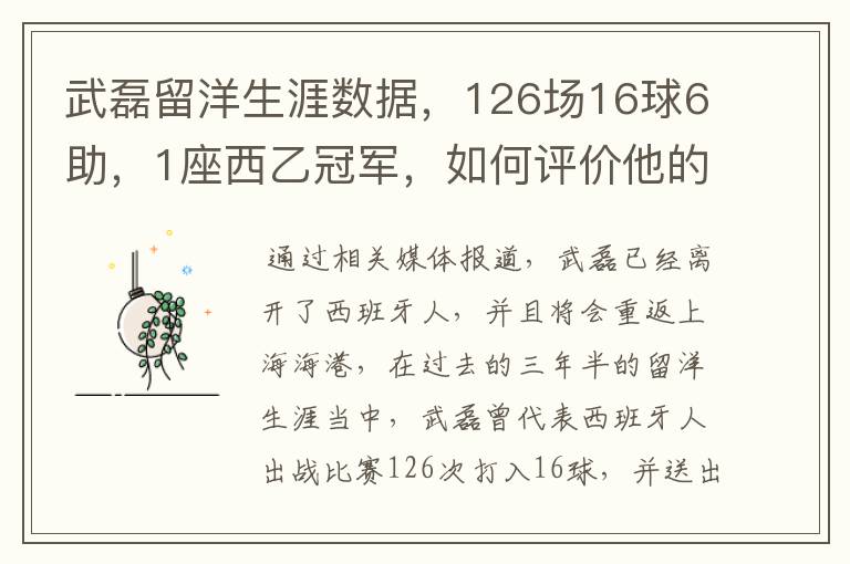 武磊留洋生涯数据，126场16球6助，1座西乙冠军，如何评价他的表现？