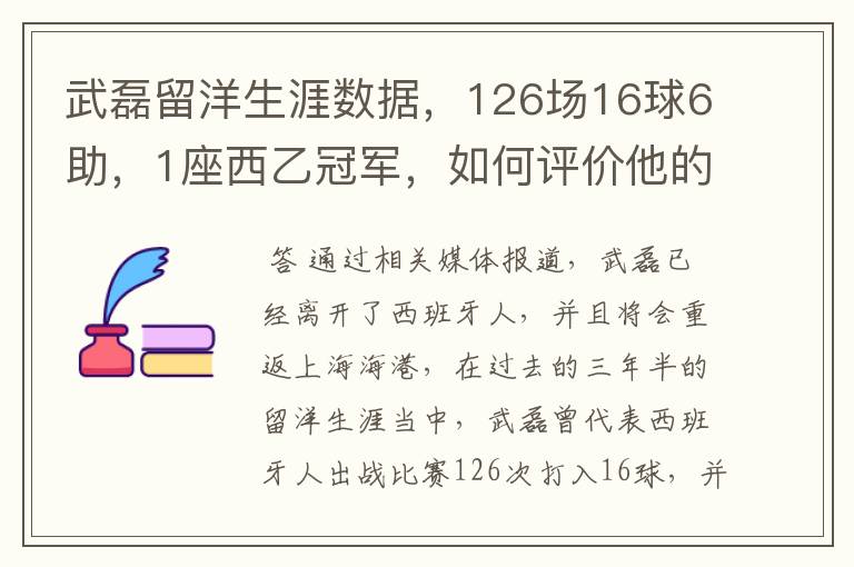 武磊留洋生涯数据,126场16球6助,1座西乙冠军,如何评价他的表现?
