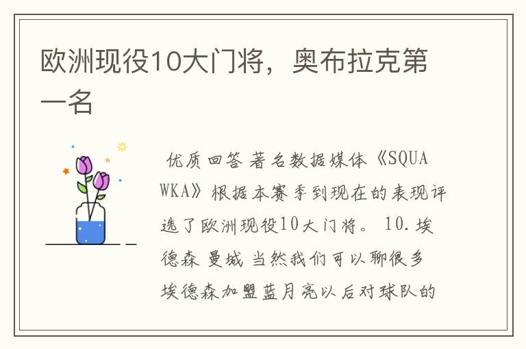 欧洲现役10大门将,奥布拉克第一名