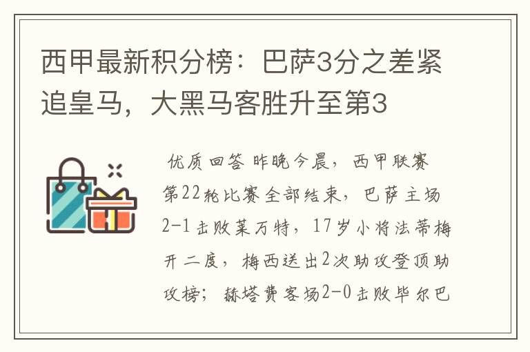西甲最新积分榜:巴萨3分之差紧追皇马,大黑马客胜升至第3