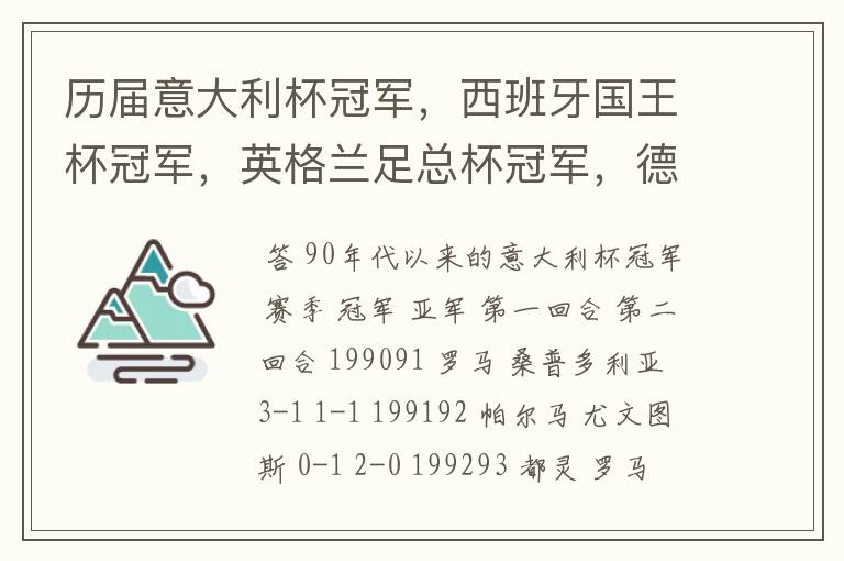 历届意大利杯冠军,西班牙国王杯冠军,英格兰足总杯冠军,德国杯冠军