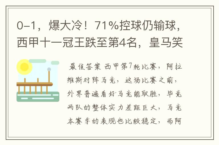 0-1,爆大冷!71%控球仍输球,西甲十一冠王跌至第4名,皇马笑了