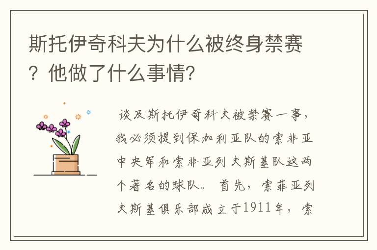 斯托伊奇科夫为什么被终身禁赛？他做了什么事情？