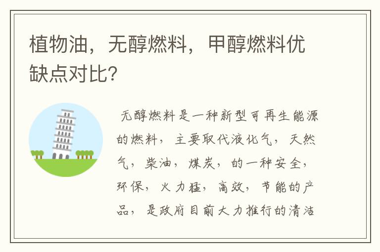 植物油,无醇燃料,甲醇燃料优缺点对比?