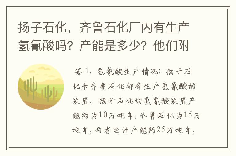 扬子石化,齐鲁石化厂内有生产氢氰酸吗?产能是多少?他们附近有己二腈的下游厂家吗