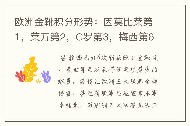 欧洲金靴积分形势:因莫比莱第1,莱万第2,C罗第3,梅西第6