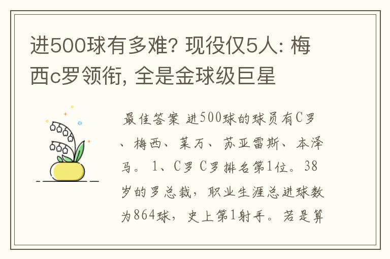 进500球有多难? 现役仅5人: 梅西c罗领衔, 全是金球级巨星