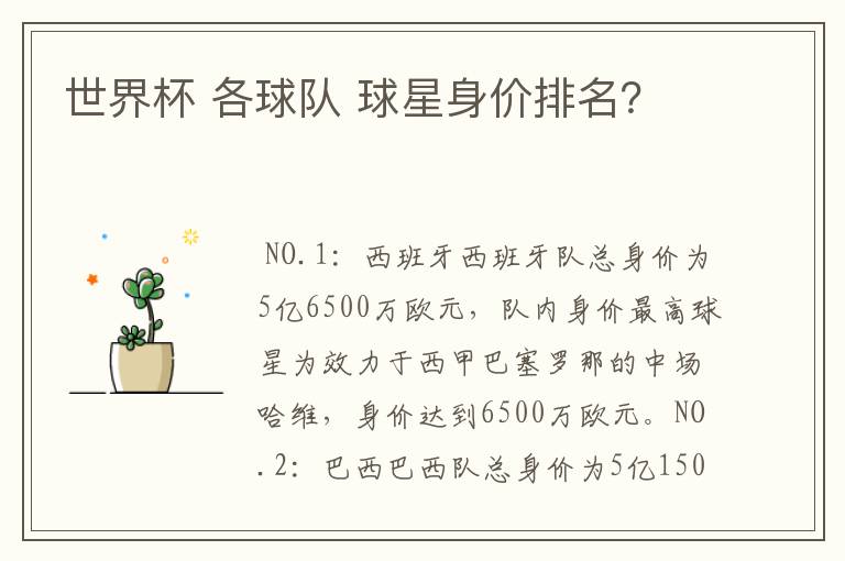 世界杯 各球队 球星身价排名?