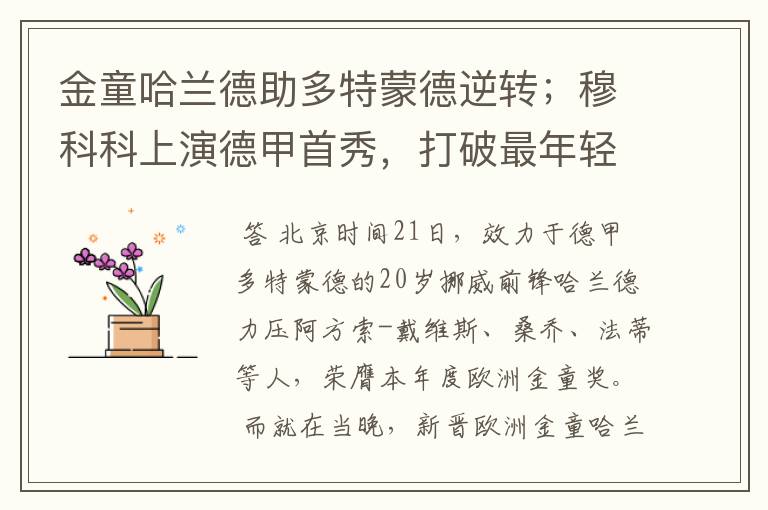 金童哈兰德助多特蒙德逆转;穆科科上演德甲首秀,打破最年轻纪录