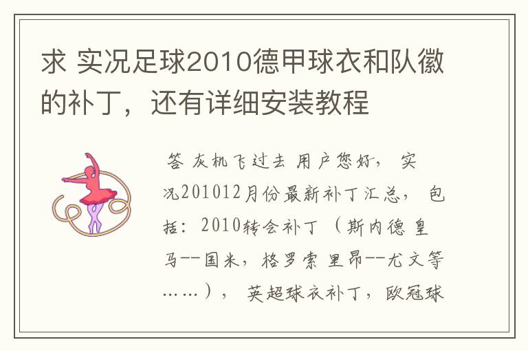 求 实况足球2010德甲球衣和队徽的补丁,还有详细安装教程
