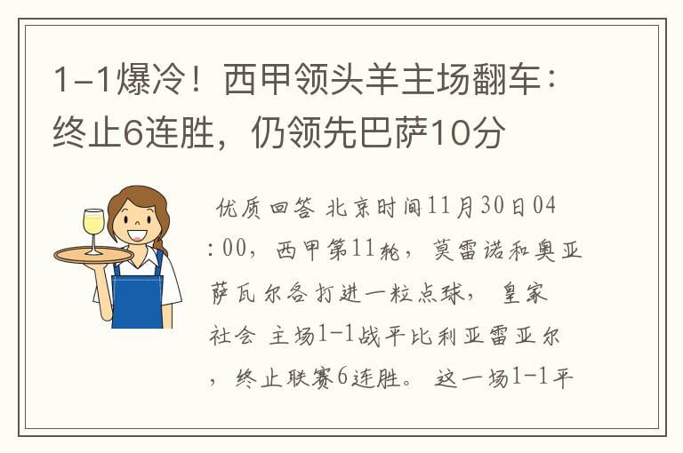 1-1爆冷!西甲领头羊主场翻车:终止6连胜,仍领先巴萨10分