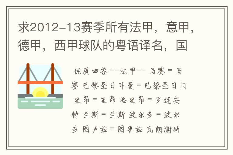 求2012-13赛季所有法甲,意甲,德甲,西甲球队的粤语译名,国粤对照。