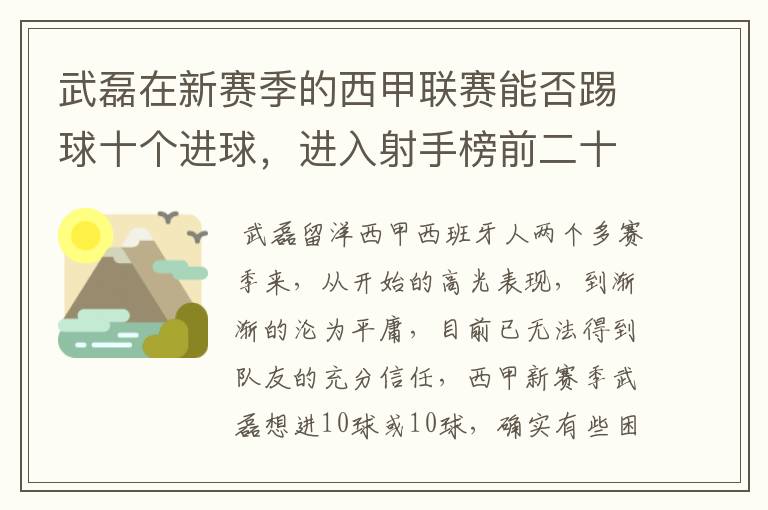 武磊在新赛季的西甲联赛能否踢球十个进球,进入射手榜前二十?