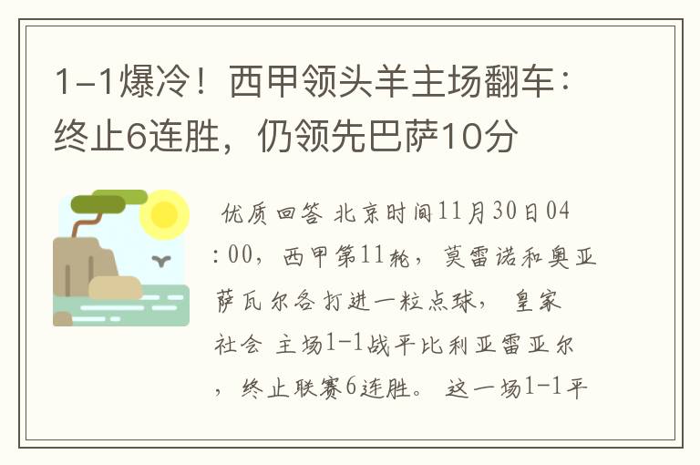 1-1爆冷!西甲领头羊主场翻车:终止6连胜,仍领先巴萨10分