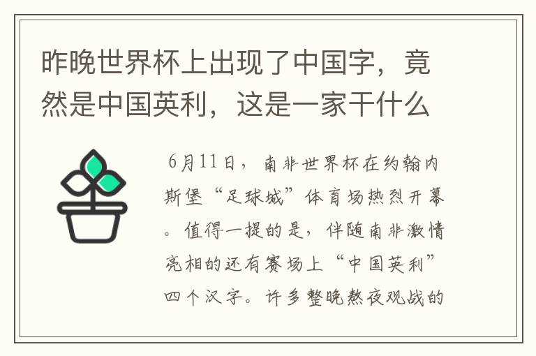 昨晚世界杯上出现了中国字,竟然是中国英利,这是一家干什么的公司啊?