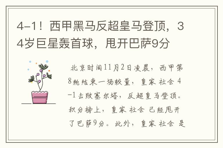 4-1!西甲黑马反超皇马登顶,34岁巨星轰首球,甩开巴萨9分