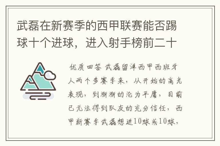 武磊在新赛季的西甲联赛能否踢球十个进球,进入射手榜前二十?