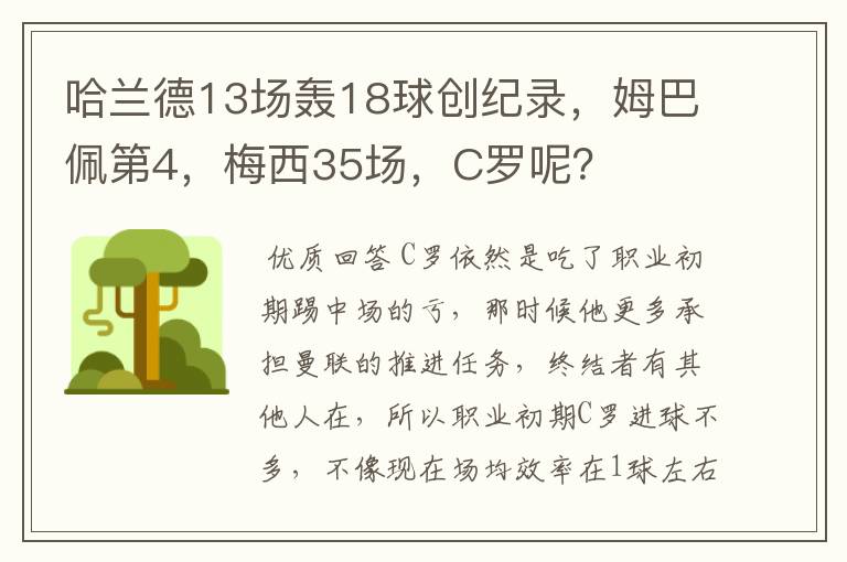 哈兰德13场轰18球创纪录,姆巴佩第4,梅西35场,C罗呢?