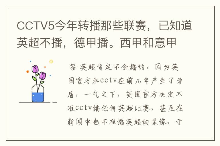 CCTV5今年转播那些联赛,已知道英超不播,德甲播。西甲和意甲及冠军杯播出吗?