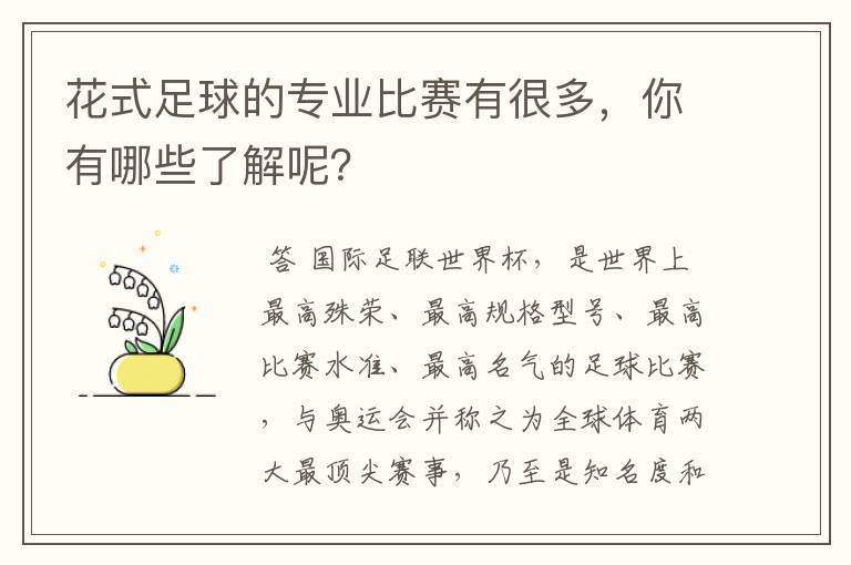 花式足球的专业比赛有很多,你有哪些了解呢?