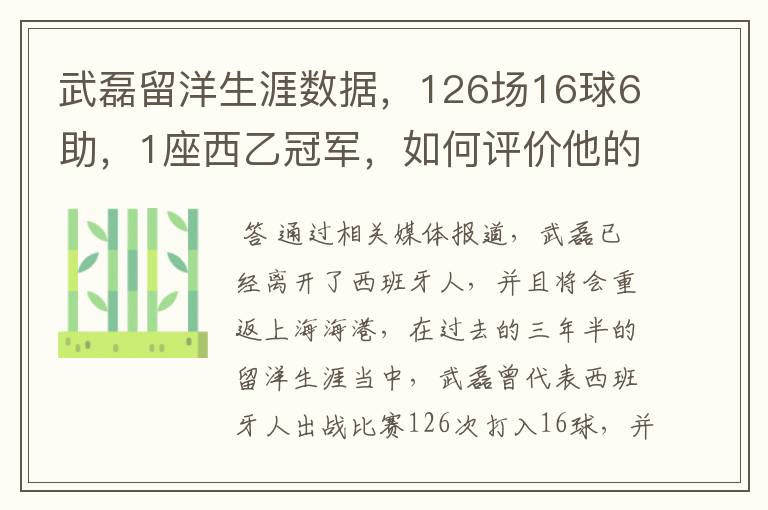 武磊留洋生涯数据,126场16球6助,1座西乙冠军,如何评价他的表现?