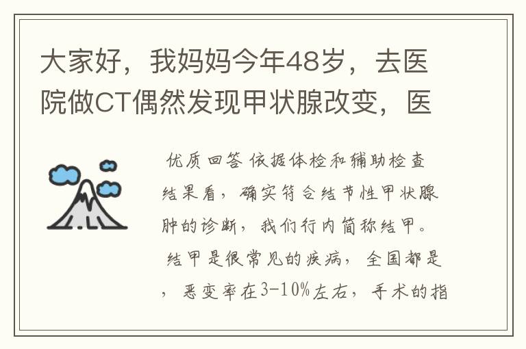 大家好,我妈妈今年48岁,去医院做CT偶然发现甲状腺改变,医生建议进一步检查,随后挂号内分泌科,医生要