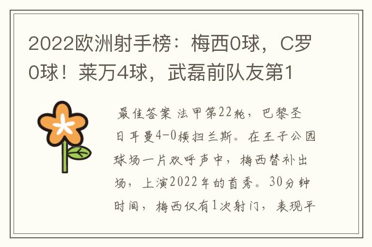 2022欧洲射手榜:梅西0球,C罗0球!莱万4球,武磊前队友第1