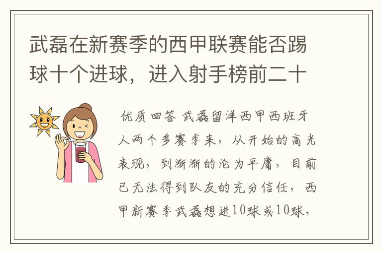 武磊在新赛季的西甲联赛能否踢球十个进球,进入射手榜前二十?