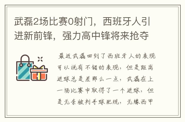 武磊2场比赛0射门,西班牙人引进新前锋,强力高中锋将来抢夺位置