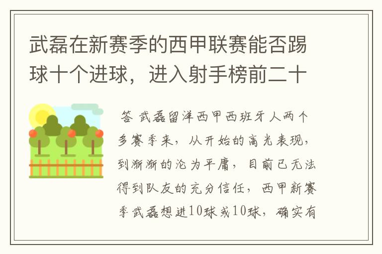 武磊在新赛季的西甲联赛能否踢球十个进球,进入射手榜前二十?