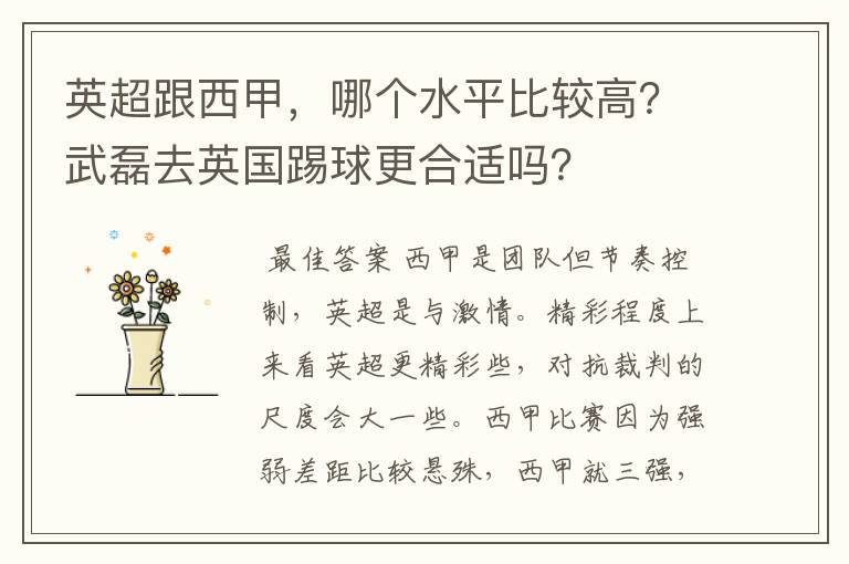 英超跟西甲,哪个水平比较高?武磊去英国踢球更合适吗?