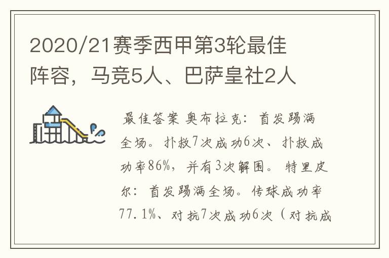 2020/21赛季西甲第3轮最佳阵容,马竞5人、巴萨皇社2人