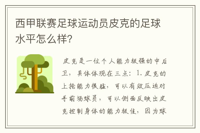 西甲联赛足球运动员皮克的足球水平怎么样?